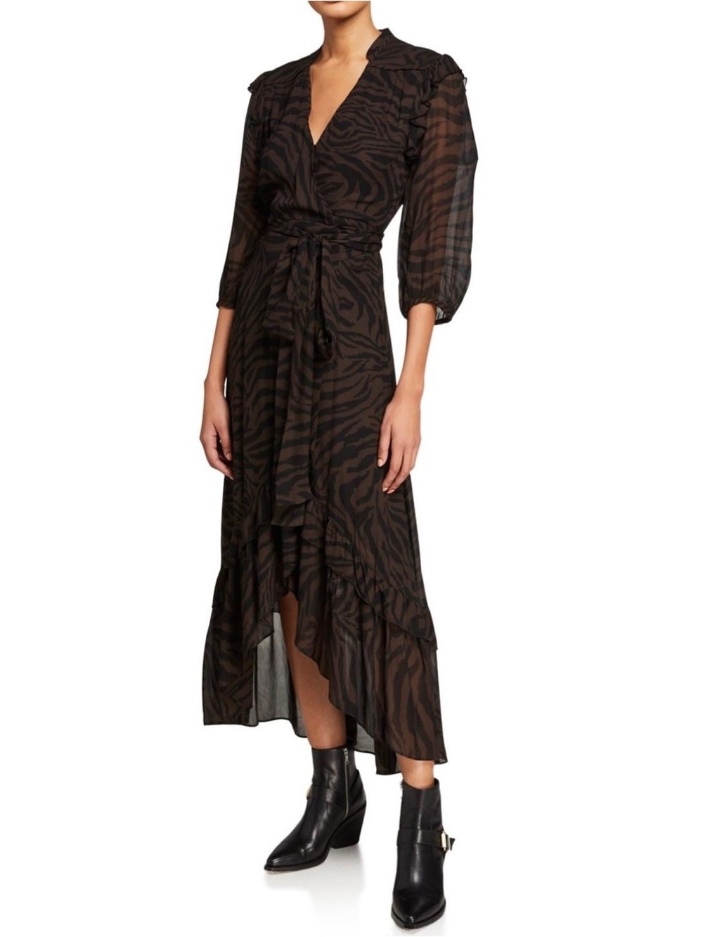 ba&sh Zebra Print Wrap Midi Skirt Brown Black Ruffle Hem Size 1